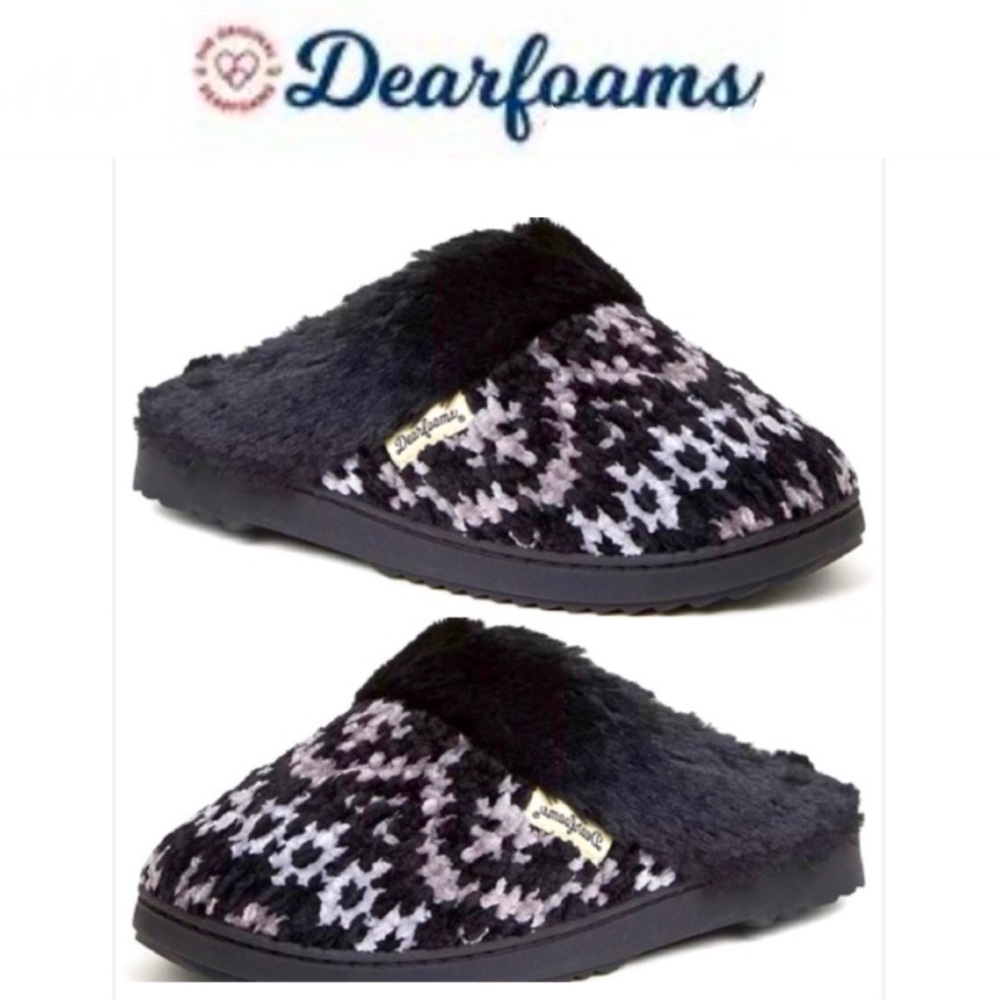 DEARFOAMS Women's Allison Chenille Fairisle cozy Slippers Size L 9-10 Black NWT
